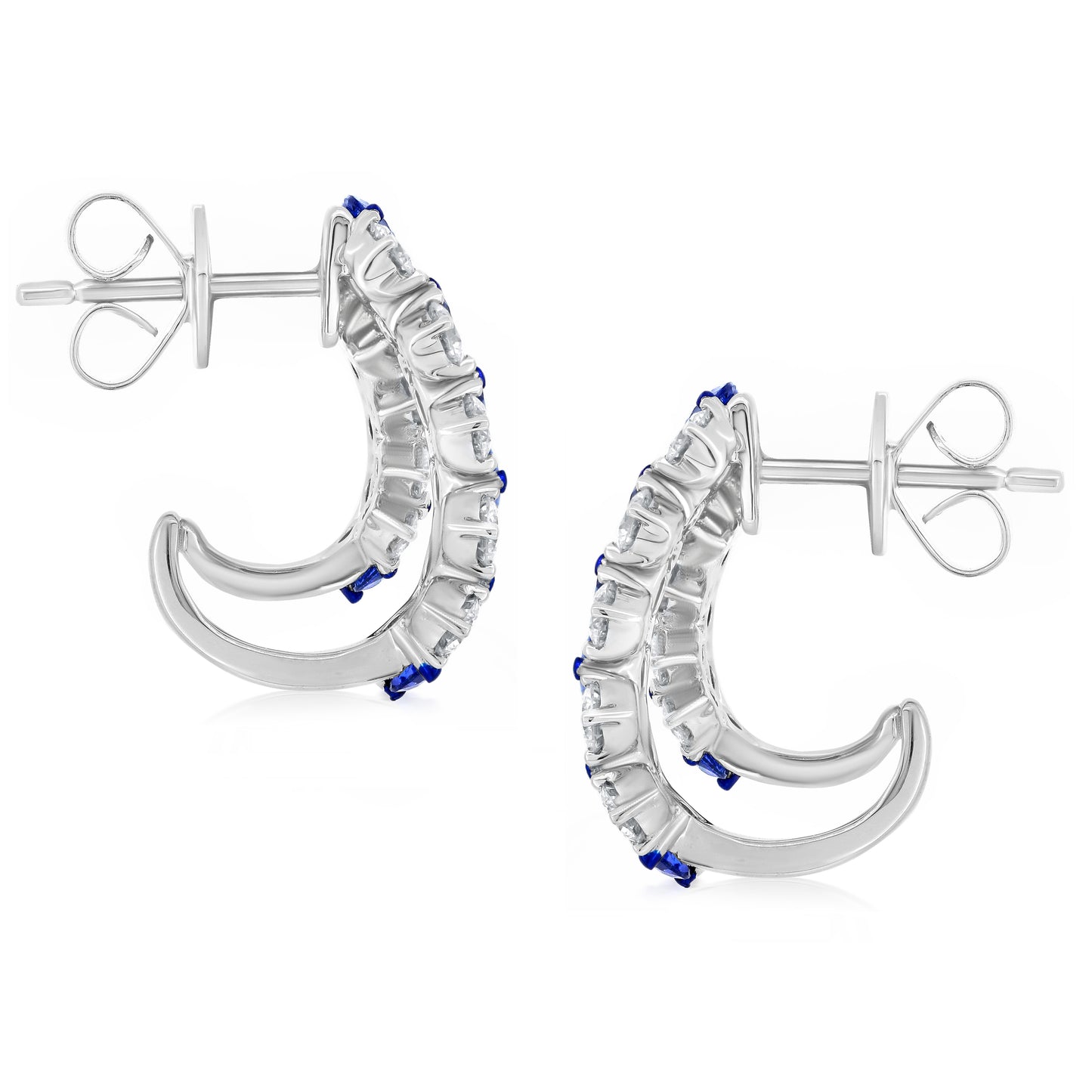 Two Row Earring With Sapphire And Diamond In 18K White Gold And Blue Rhodium