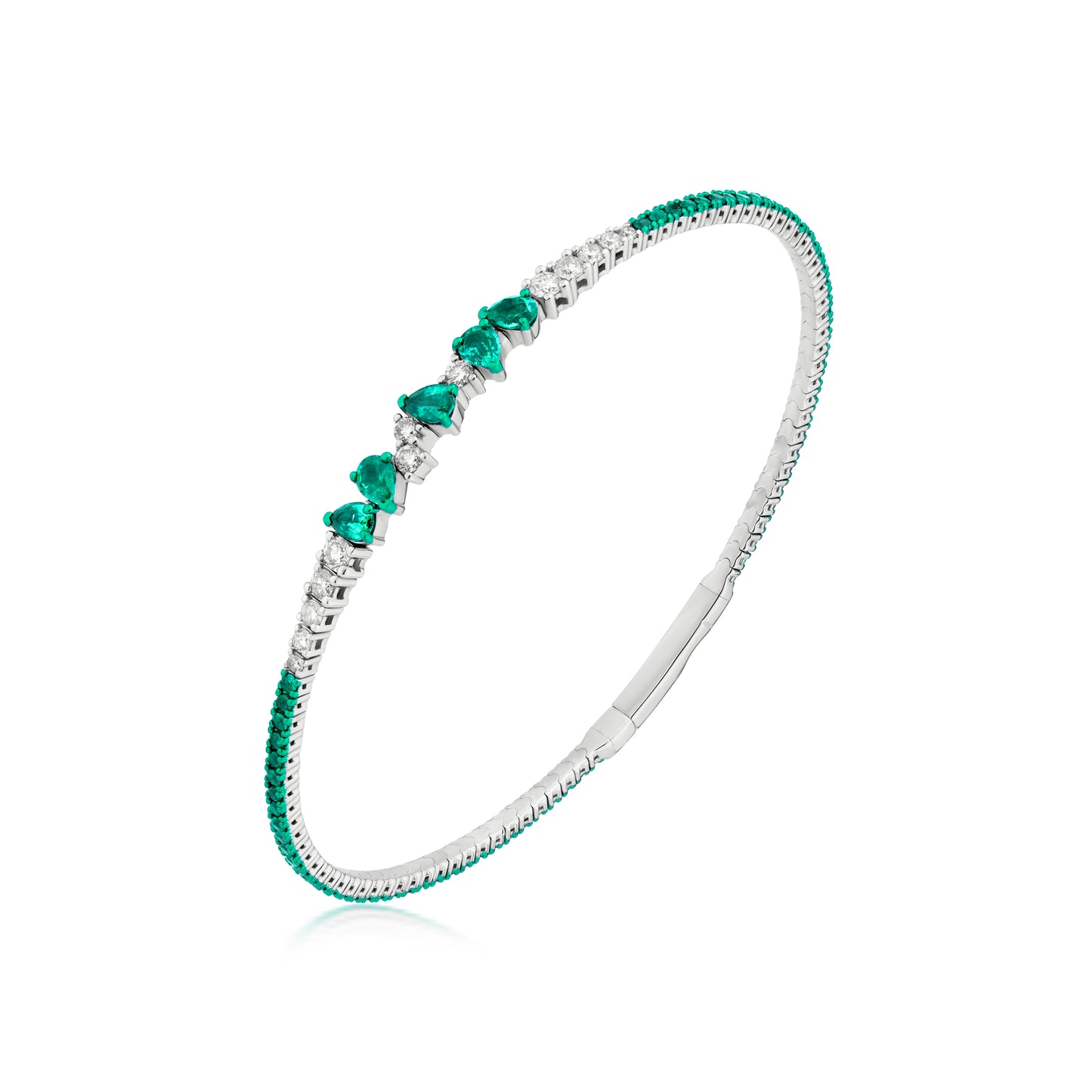 18K White Gold White Diamond and Emerald Bangle