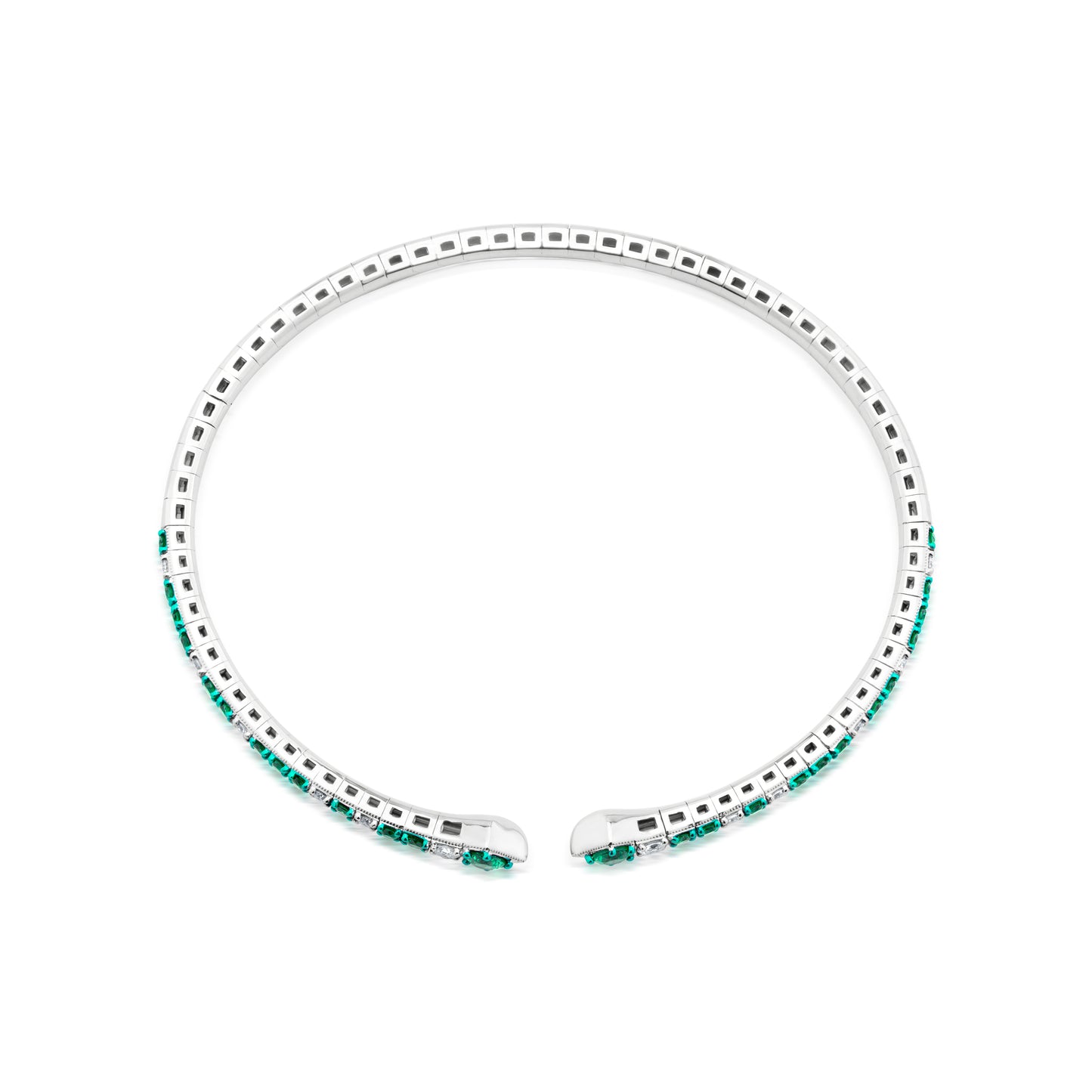 Emerald and Diamond 18K White Gold Open Bangle