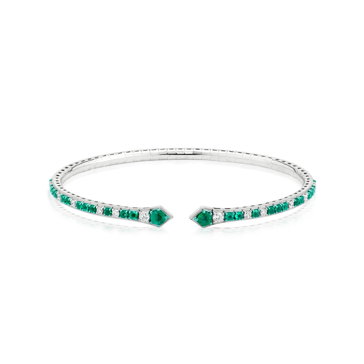 Emerald and Diamond 18K White Gold Open Bangle