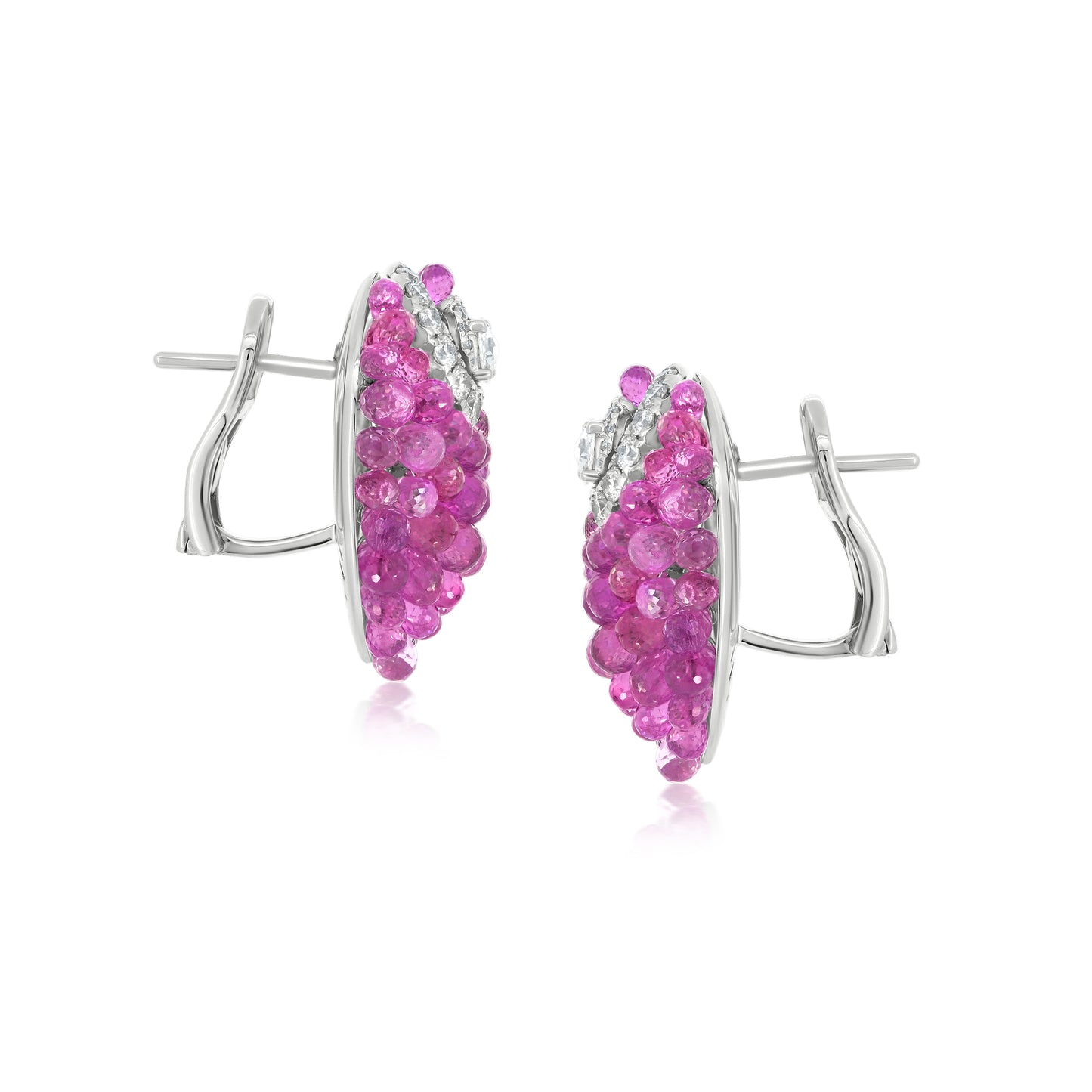 Small Cluster Around Swirl Earrings With Pink Sapphire And Diamond In 18K White Gold