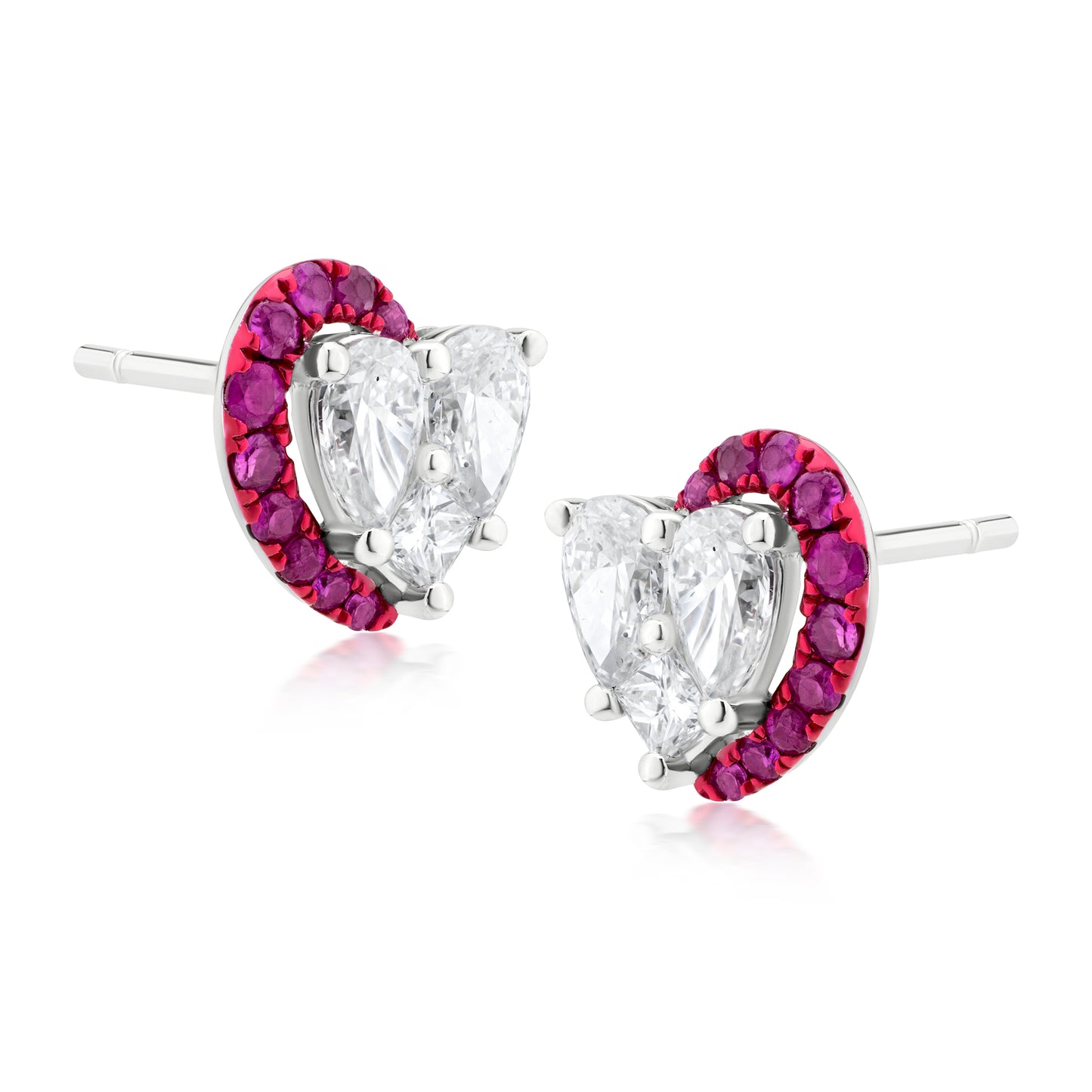 Diamond and Ruby Half Crescent 18K White Gold Stud Earrings