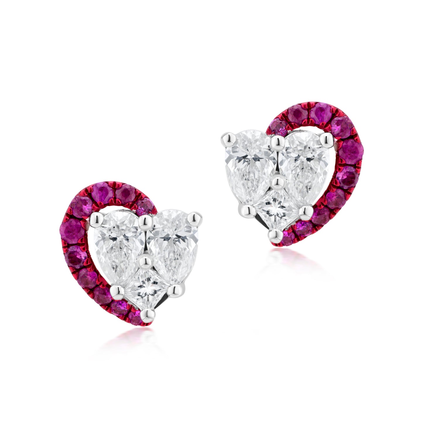 Diamond and Ruby Half Crescent 18K White Gold Stud Earrings