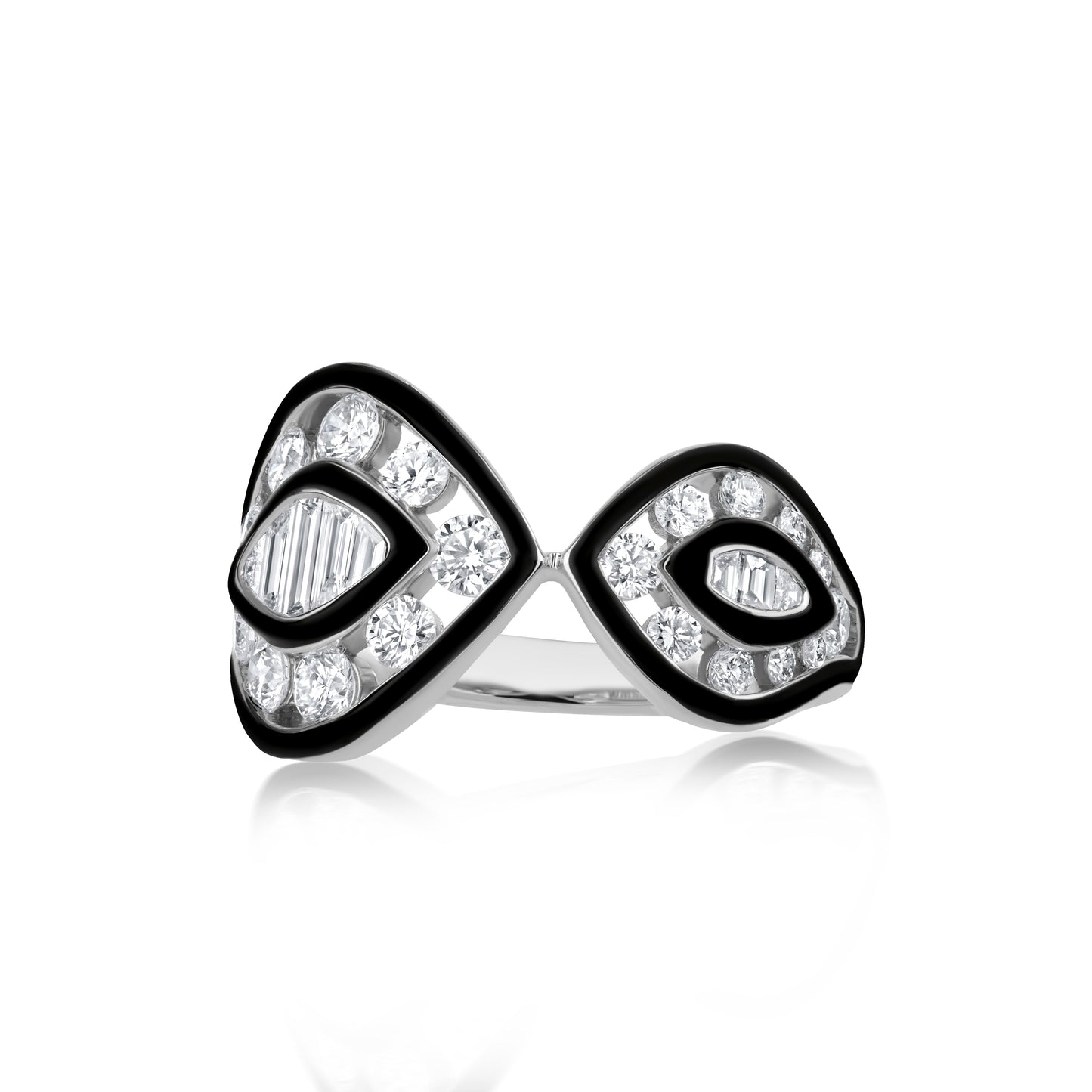 18K White Gold White Diamond and Enamel Open Work Ring