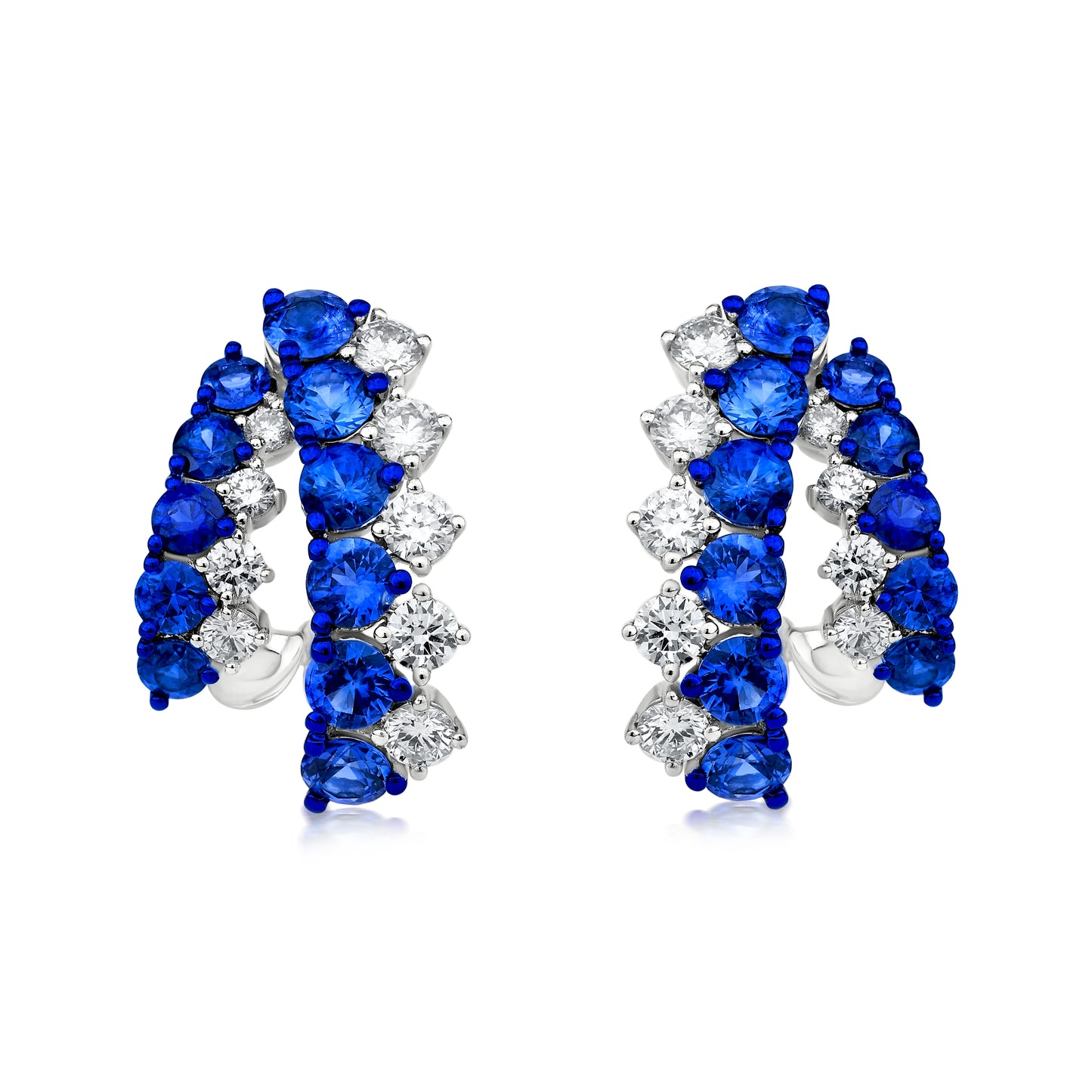 Two Row Earring With Sapphire And Diamond In 18K White Gold And Blue Rhodium