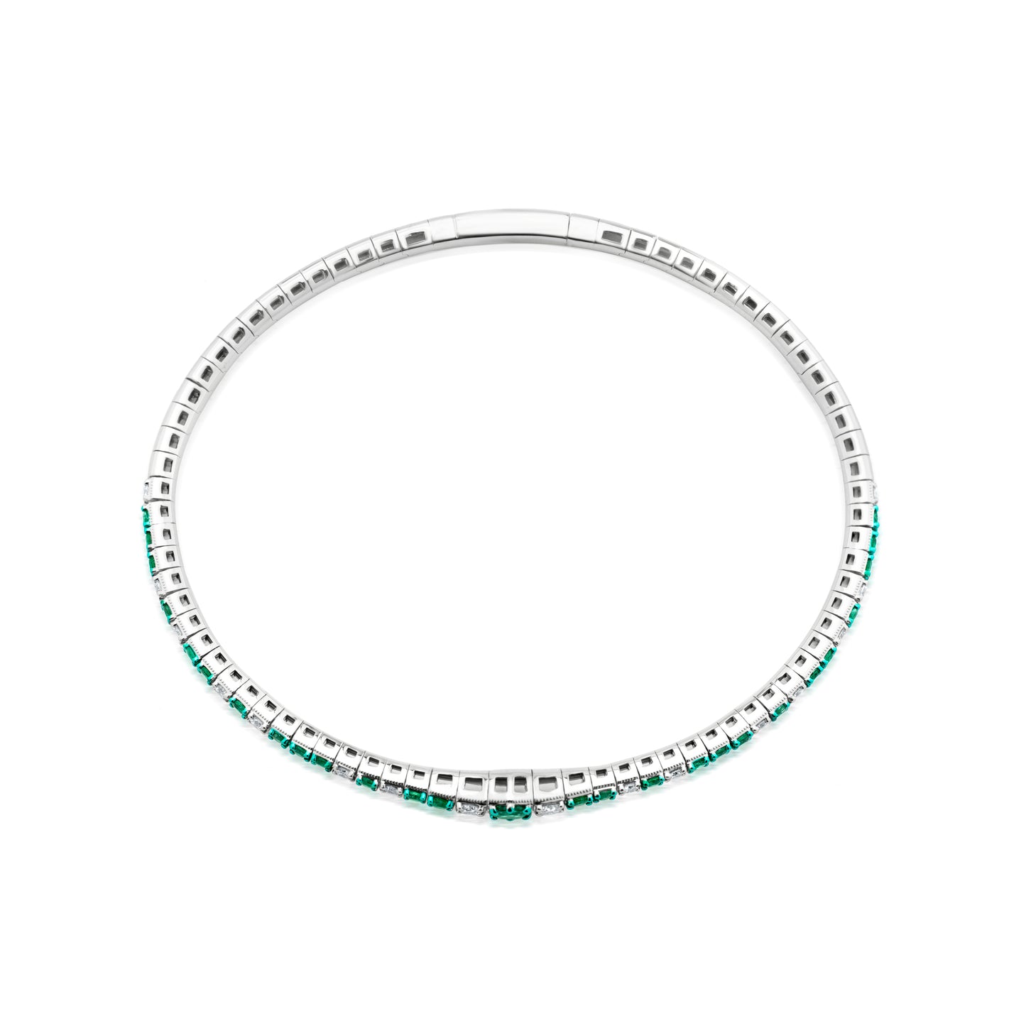 Staggered Emerald and Diamond 18K White Gold Bangle