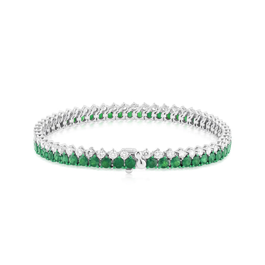 Emerald and Diamond Dual Row Two-Tone 18K White Gold Bracelet