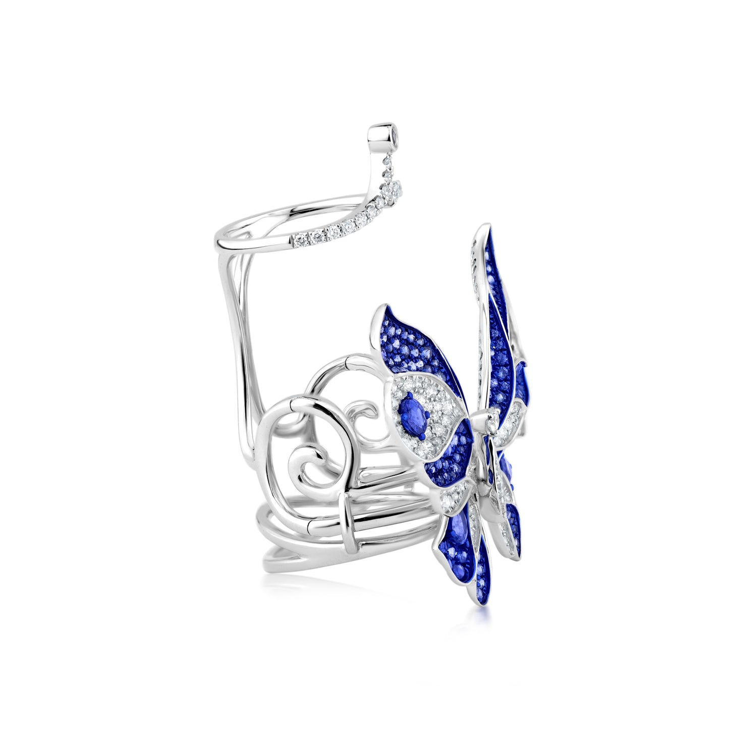 Butterfly Sapphire And Diamond Ring In 18K White Gold And Blue Rhodium