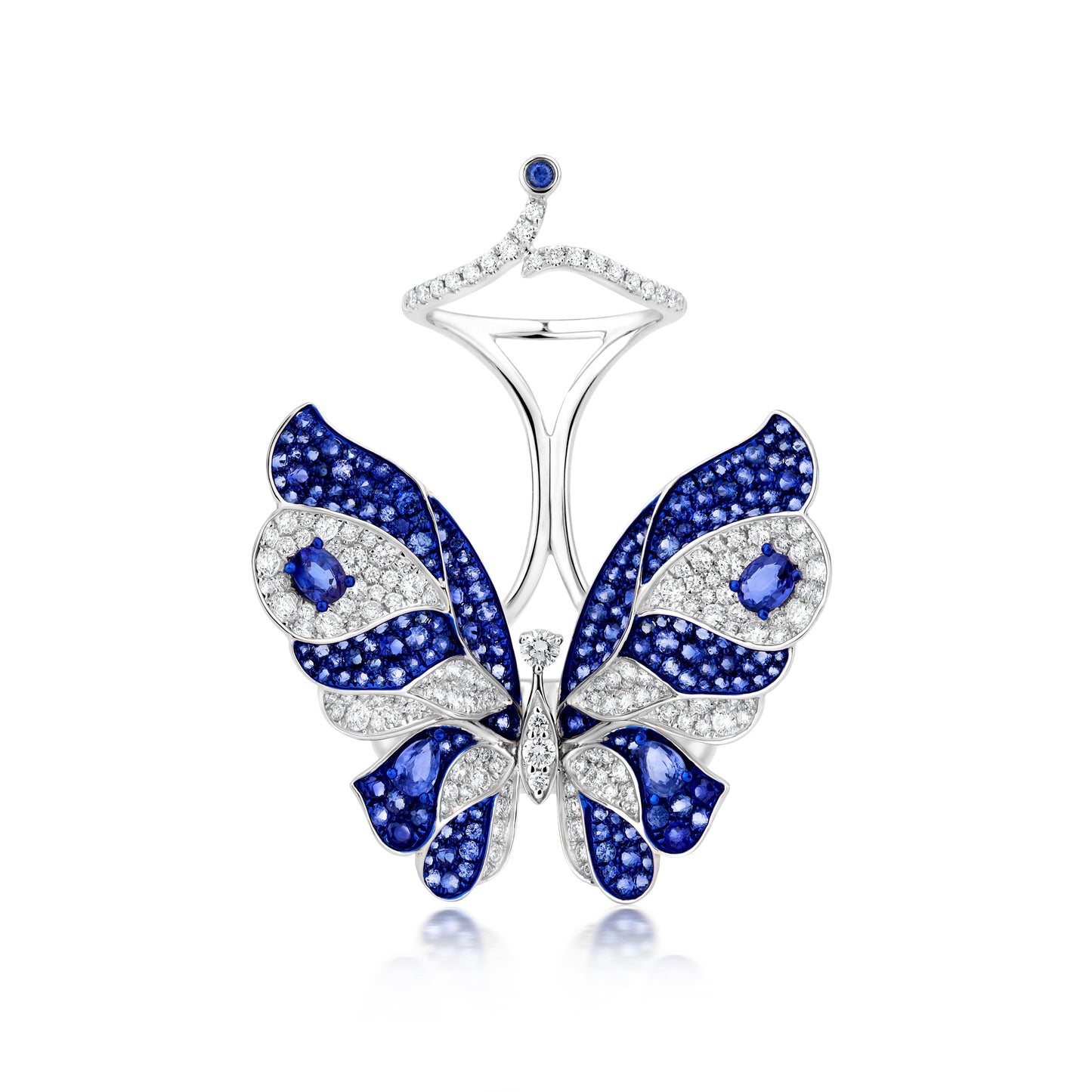 Butterfly Sapphire And Diamond Ring In 18K White Gold And Blue Rhodium