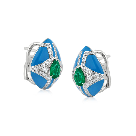 Blue Enamel Diamond Frame Earrings With Emerald And Diamond In 18K White Gold