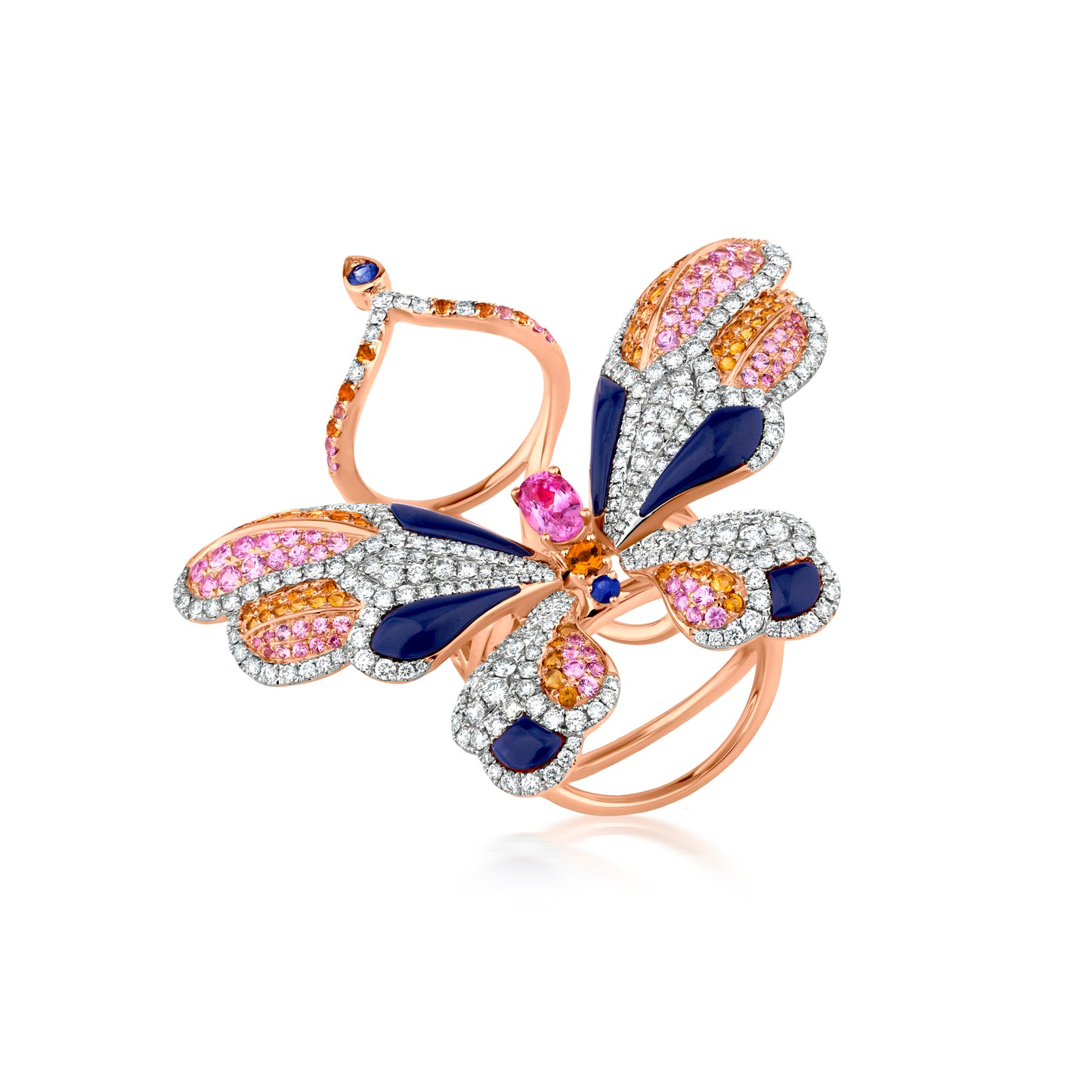 Butterfly Ring With Lapis, Multi Sapphire, Tourmaline And Diamond In 18K Rose And White Gold