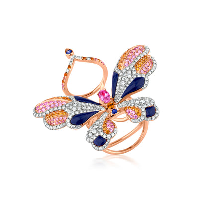 Butterfly Ring With Lapis, Multi Sapphire, Tourmaline And Diamond In 18K Rose And White Gold