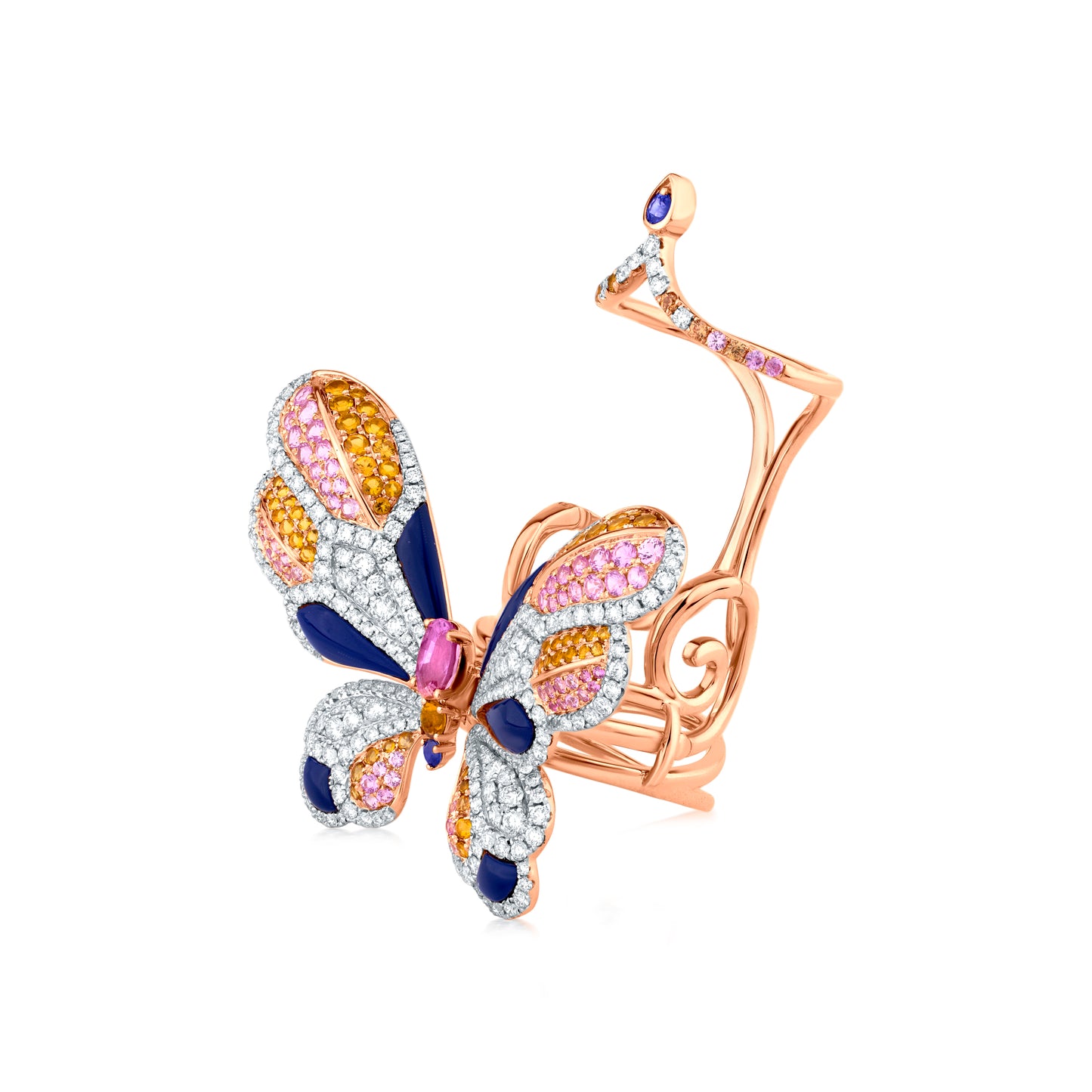 Butterfly Ring With Lapis, Multi Sapphire, Tourmaline And Diamond In 18K Rose And White Gold