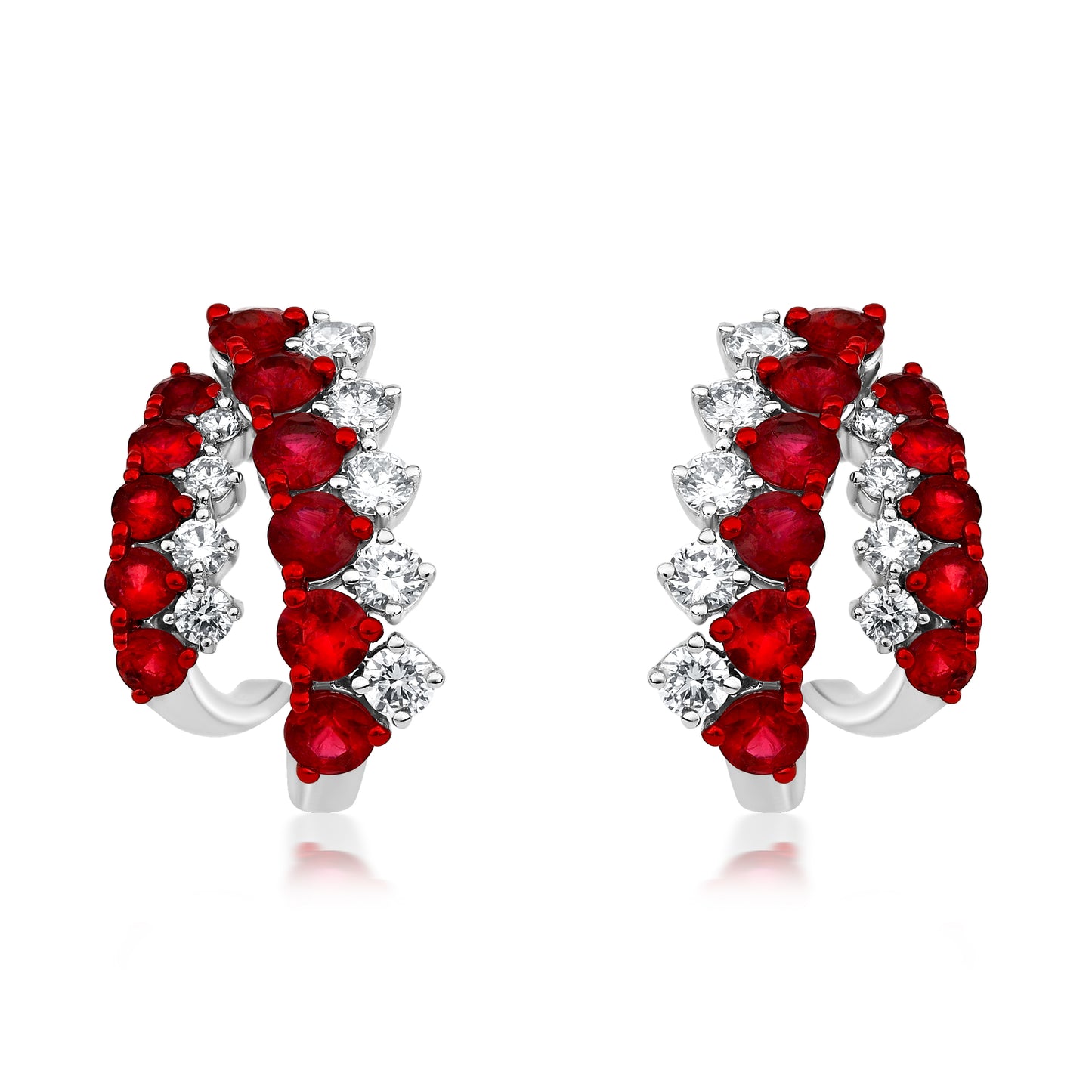 Two Row Earring With Ruby And Diamond In 18K White Gold And Red Rhodium