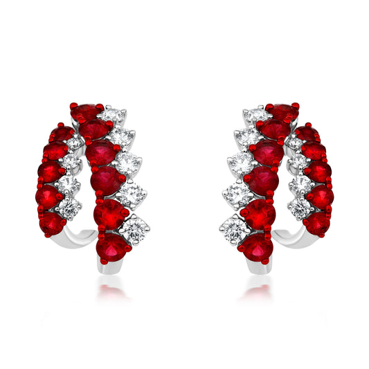Two Row Earring With Ruby And Diamond In 18K White Gold And Red Rhodium
