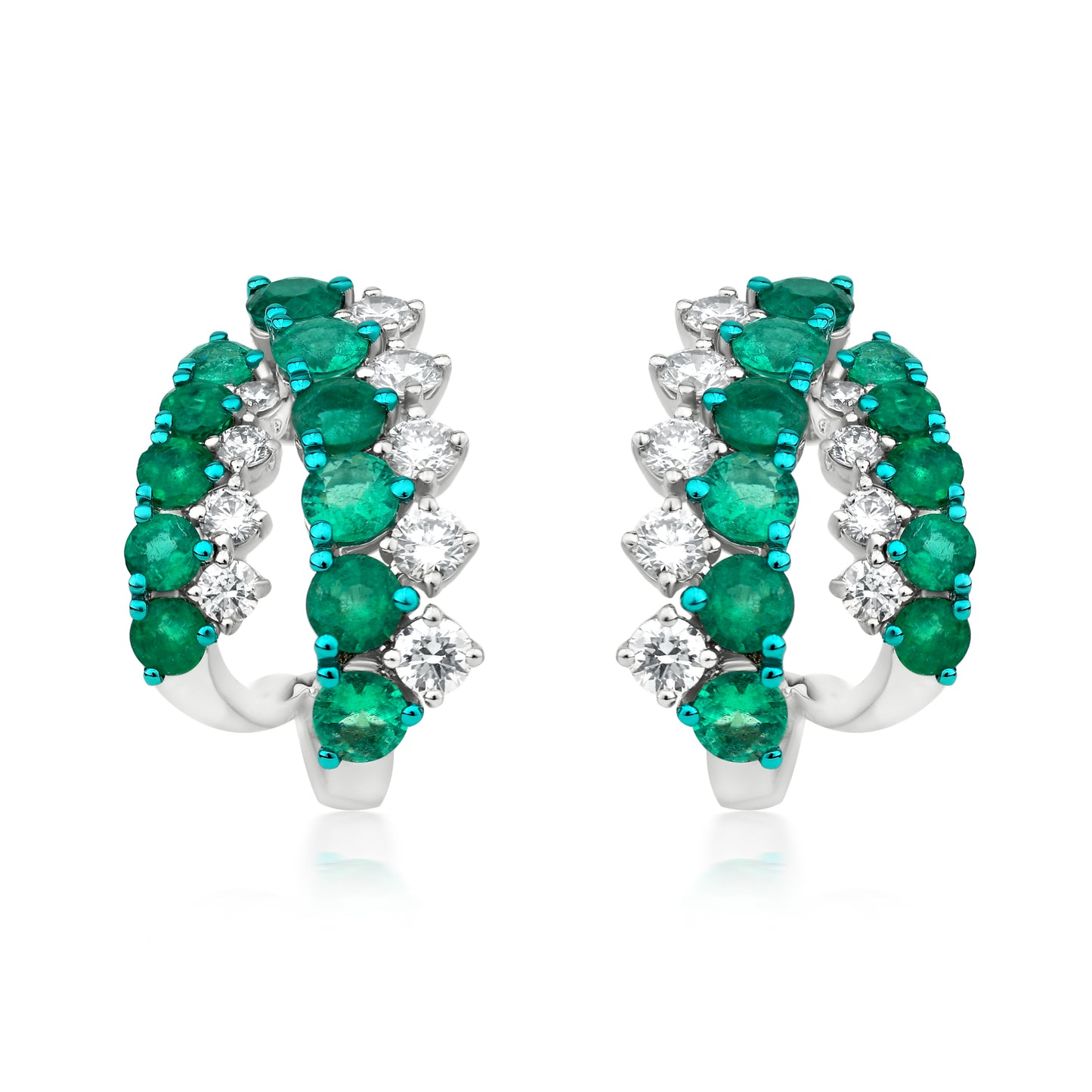 Two Row Earring With Emerald And Diamond In 18K White Gold And Green Rhodium
