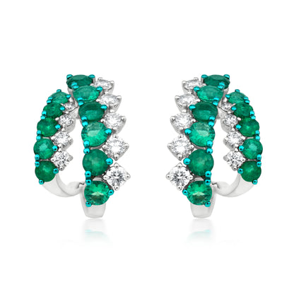 Two Row Earring With Emerald And Diamond In 18K White Gold And Green Rhodium