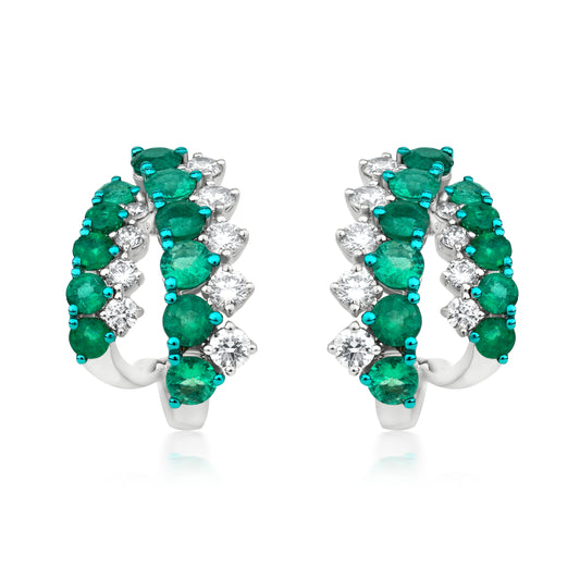 Two Row Earring With Emerald And Diamond In 18K White Gold And Green Rhodium