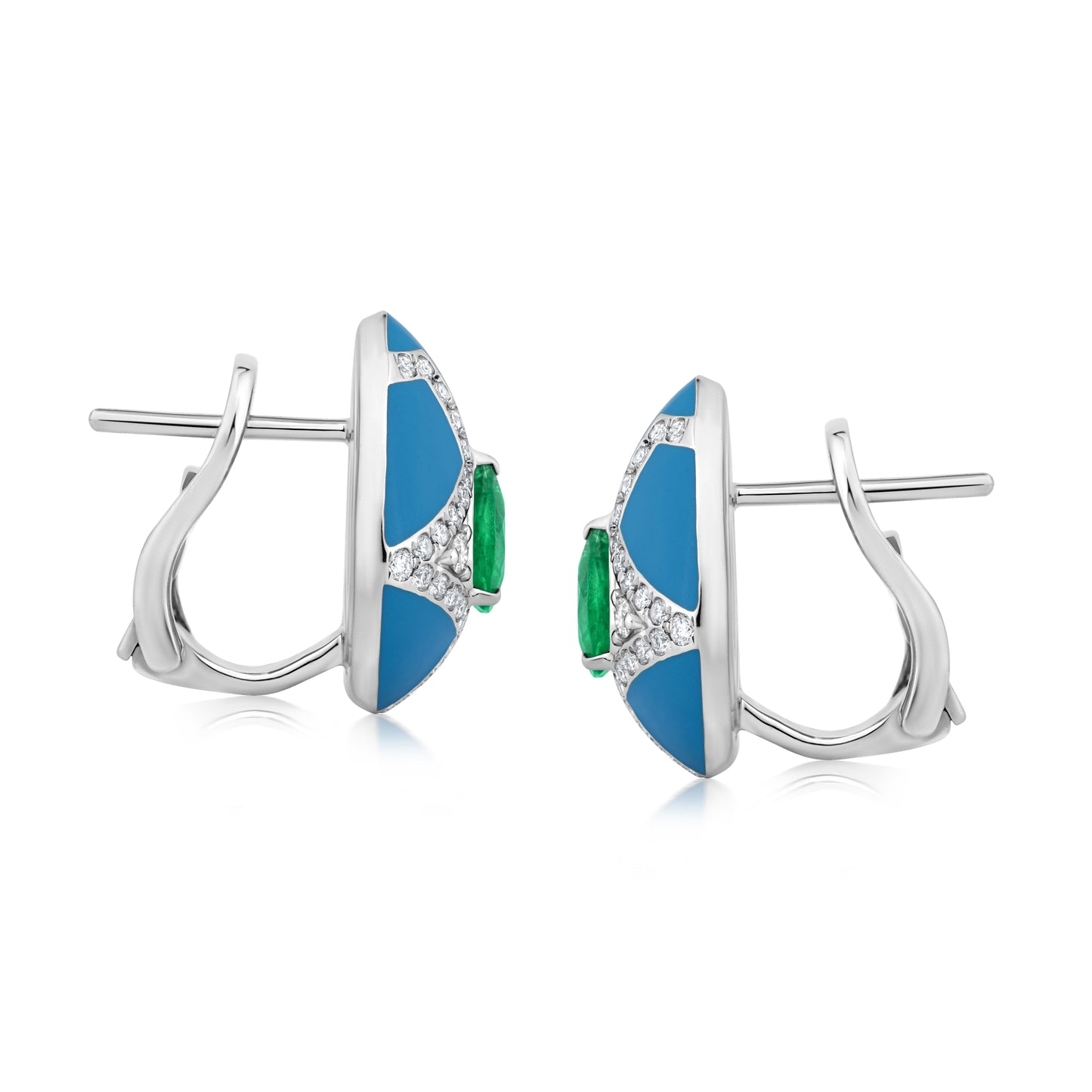 Blue Enamel Diamond Frame Earrings With Emerald And Diamond In 18K White Gold