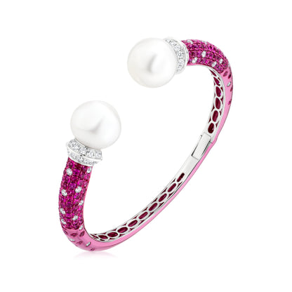 Bangle With Pearl,Ruby And Diamond In 18K White Gold And Pink Rhodium