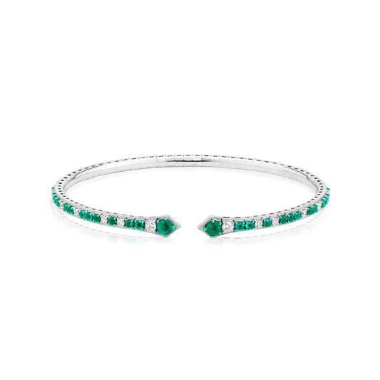 Emerald and Diamond 18K White Gold Open Bangle