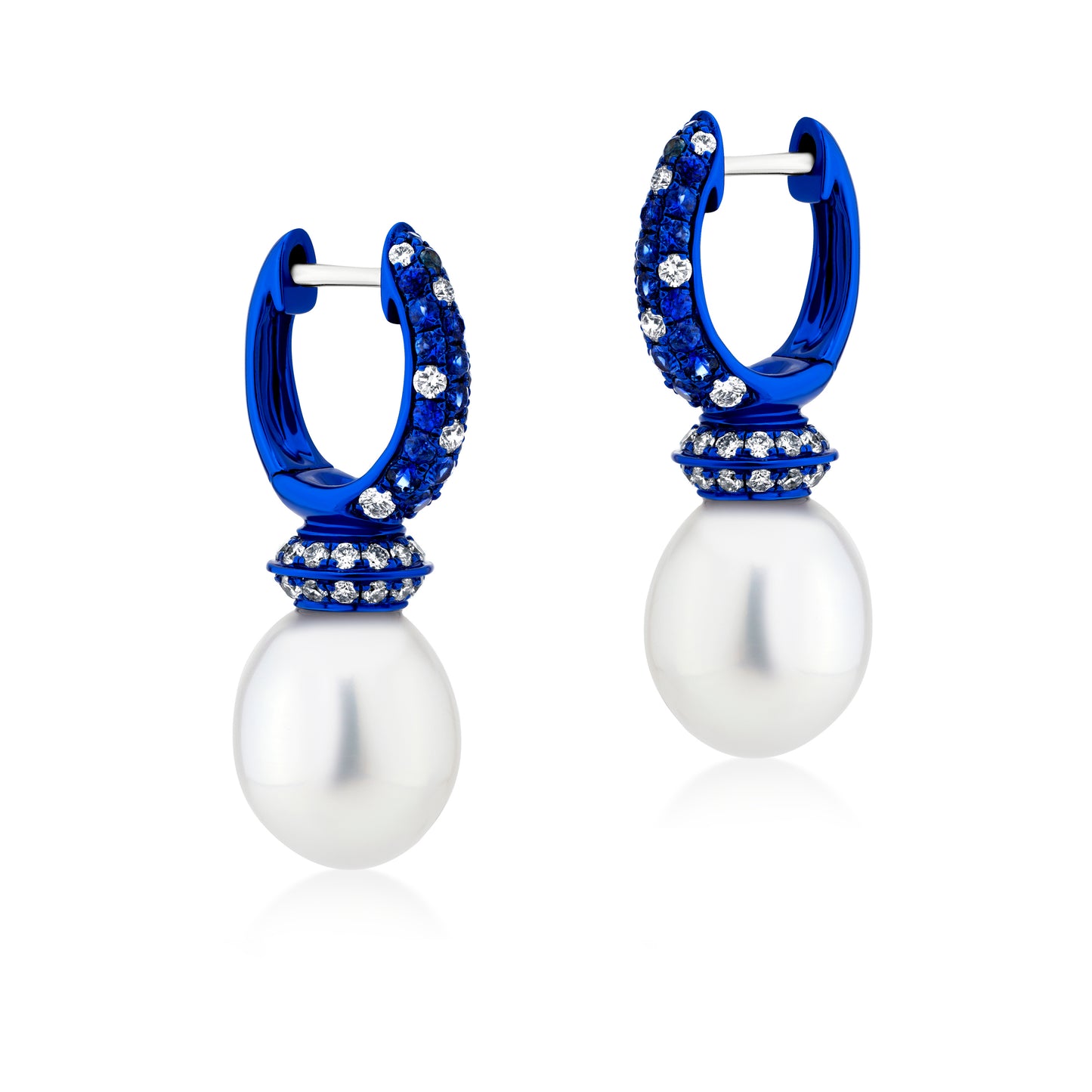 Earring With Sapphire,Pearl And Diamond In 18K Gold And Blue Rhodium