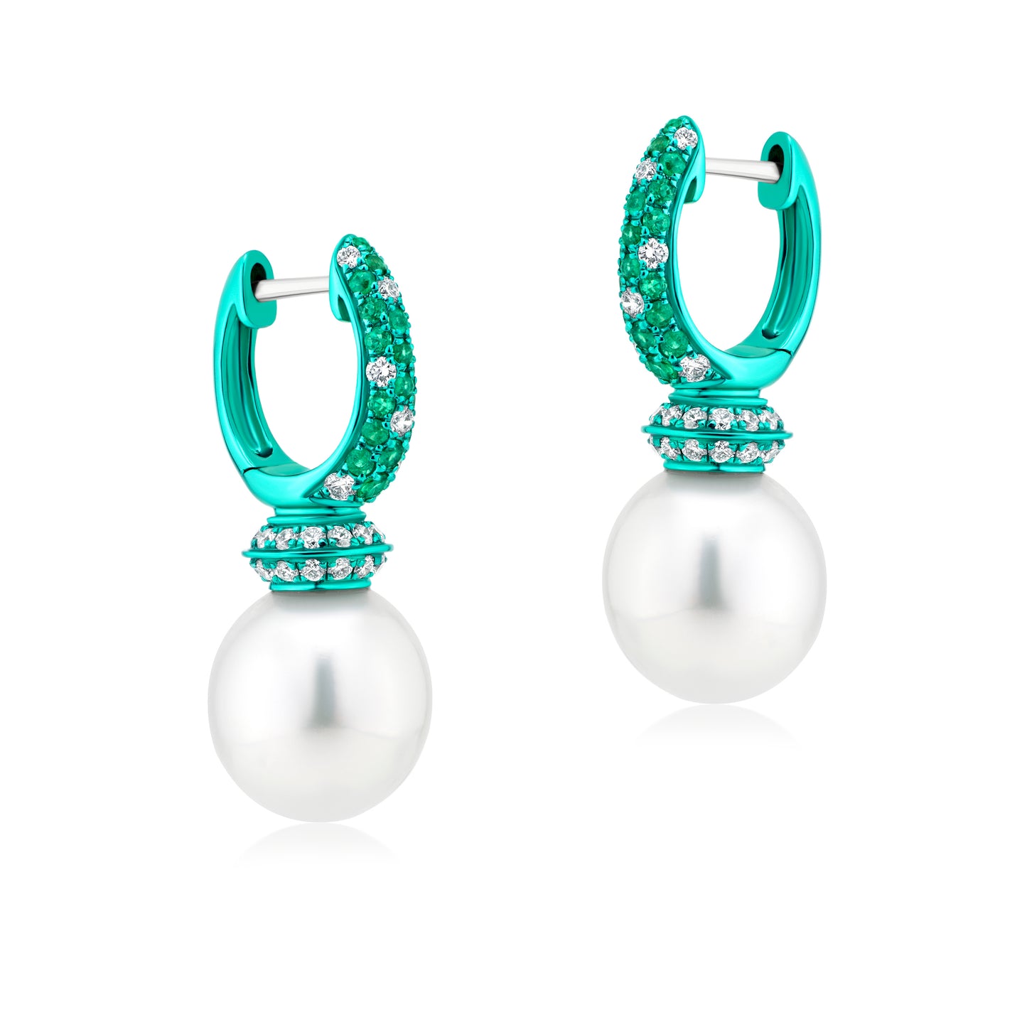 Earring With Pearl,Emerald And Diamond In 18K Gold And Green Rhodium