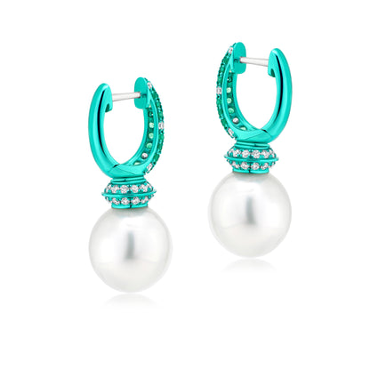 Earring With Pearl,Emerald And Diamond In 18K Gold And Green Rhodium
