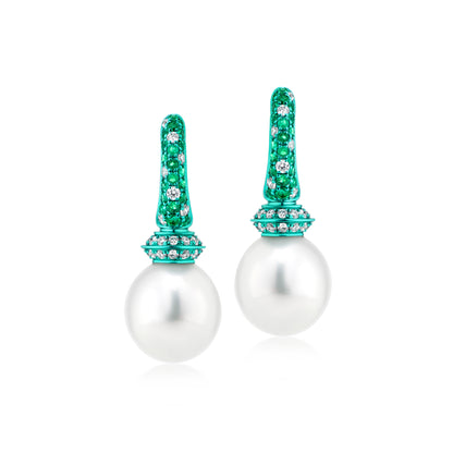 Earring With Pearl,Emerald And Diamond In 18K Gold And Green Rhodium