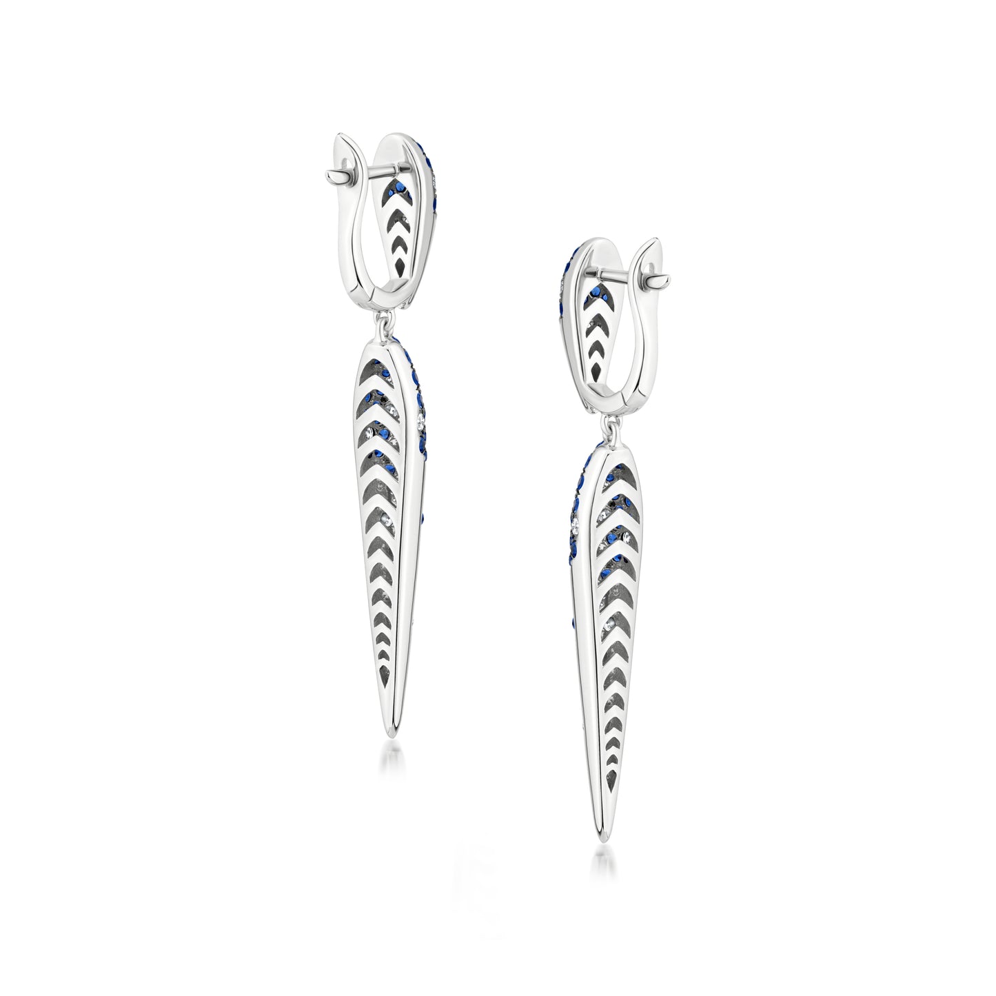 18K White Gold White Diamond And Blue Sapphire Dangle Earring Black Rhodium
