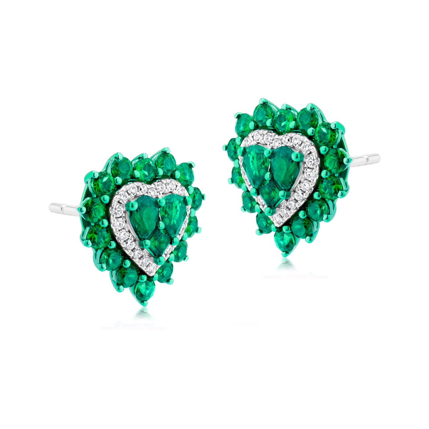 Emerald and Diamond 18K White Gold Heart Stud Earrings
