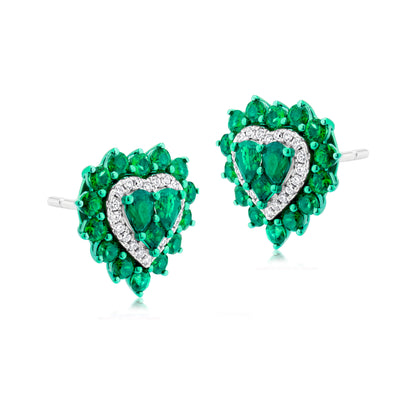 Emerald and Diamond 18K White Gold Heart Stud Earrings