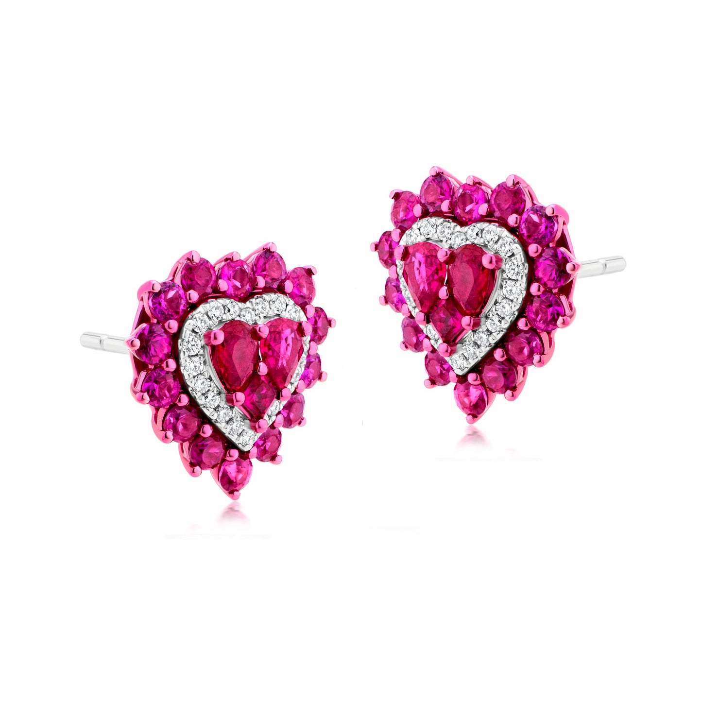 Ruby and Diamond 18K White Gold Heart Stud Earrings