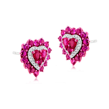 Ruby and Diamond 18K White Gold Heart Stud Earrings