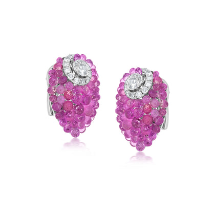 Small Cluster Around Swirl Earrings With Pink Sapphire And Diamond In 18K White Gold