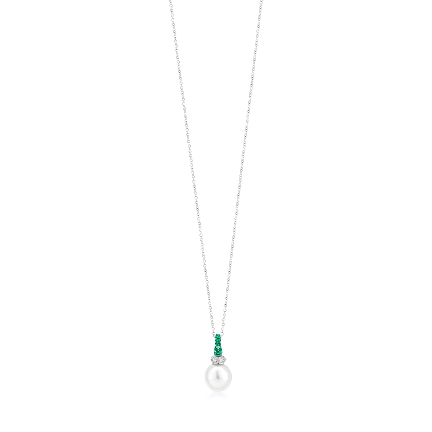 Necklace With Emerald,Pearl And Diamond In 18K White Gold And Green Rhodium