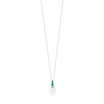Necklace With Emerald,Pearl And Diamond In 18K White Gold And Green Rhodium