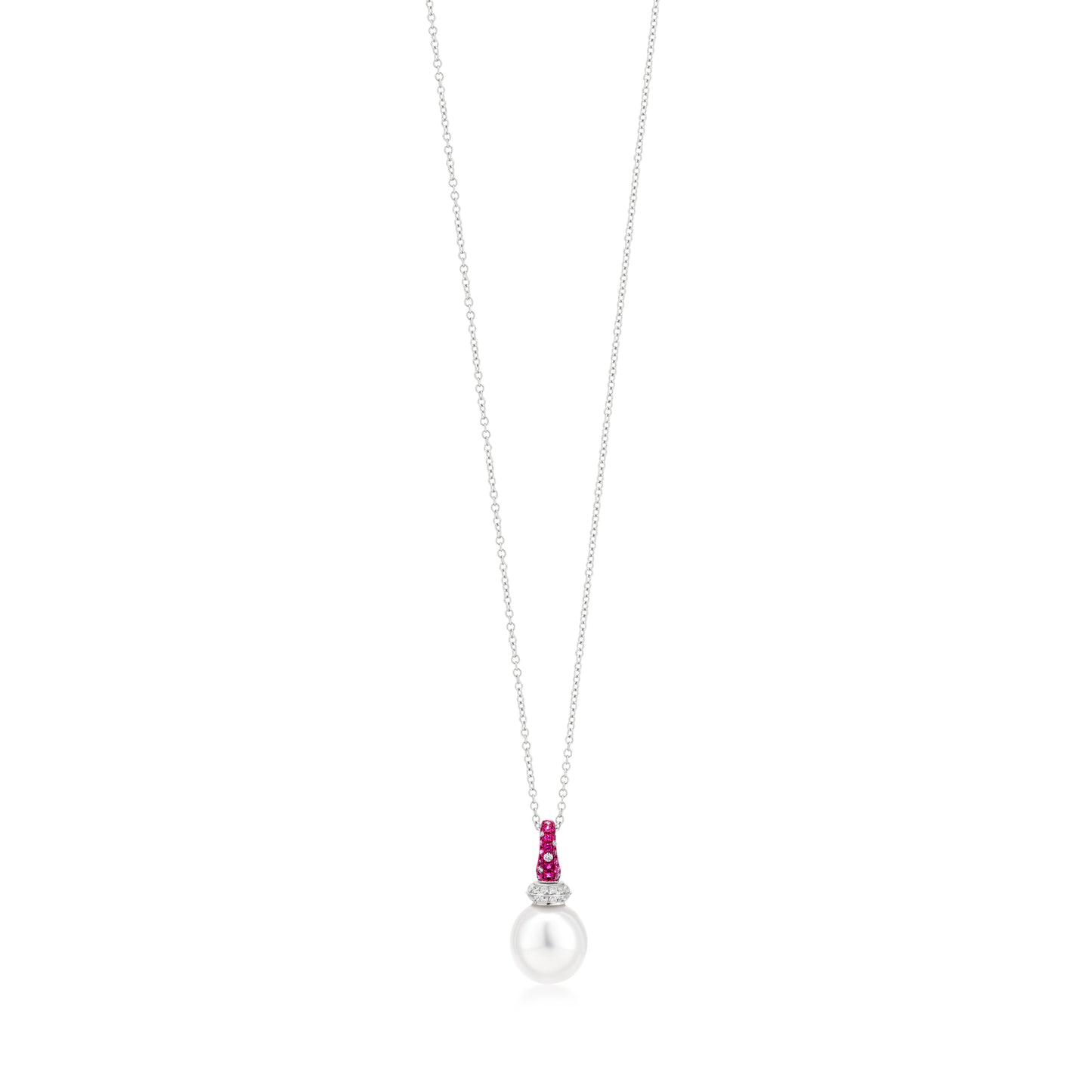Necklace With Ruby,Pearl And Diamond In 18K White Gold And Pink Rhodium
