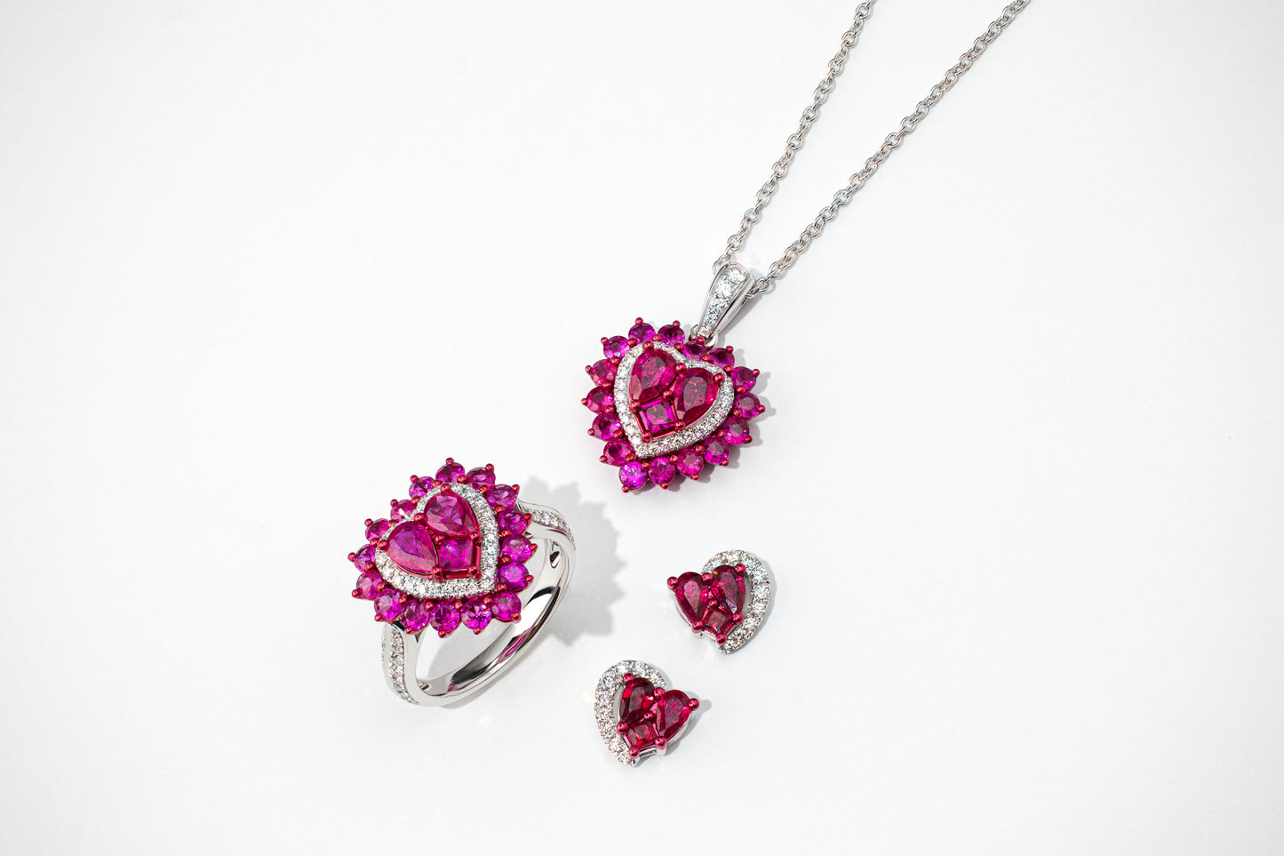 Ruby and Diamond Half Crescent 18K White Gold Heart Stud Earrings