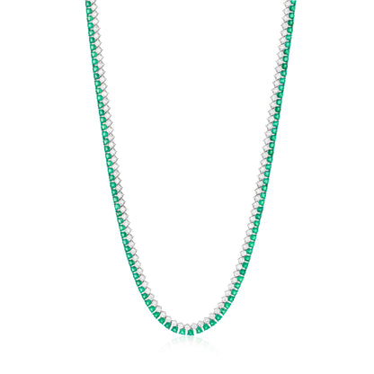18K White Gold And Green Rhodium White Diamond and Emerald Tennis Necklace
