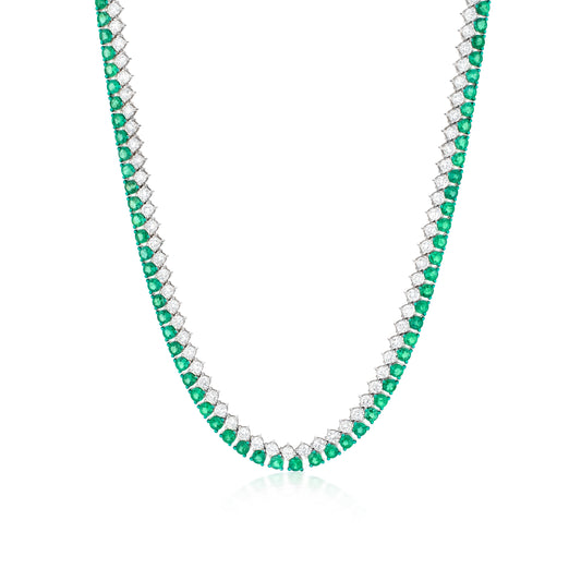 18K White Gold And Green Rhodium White Diamond and Emerald Tennis Necklace