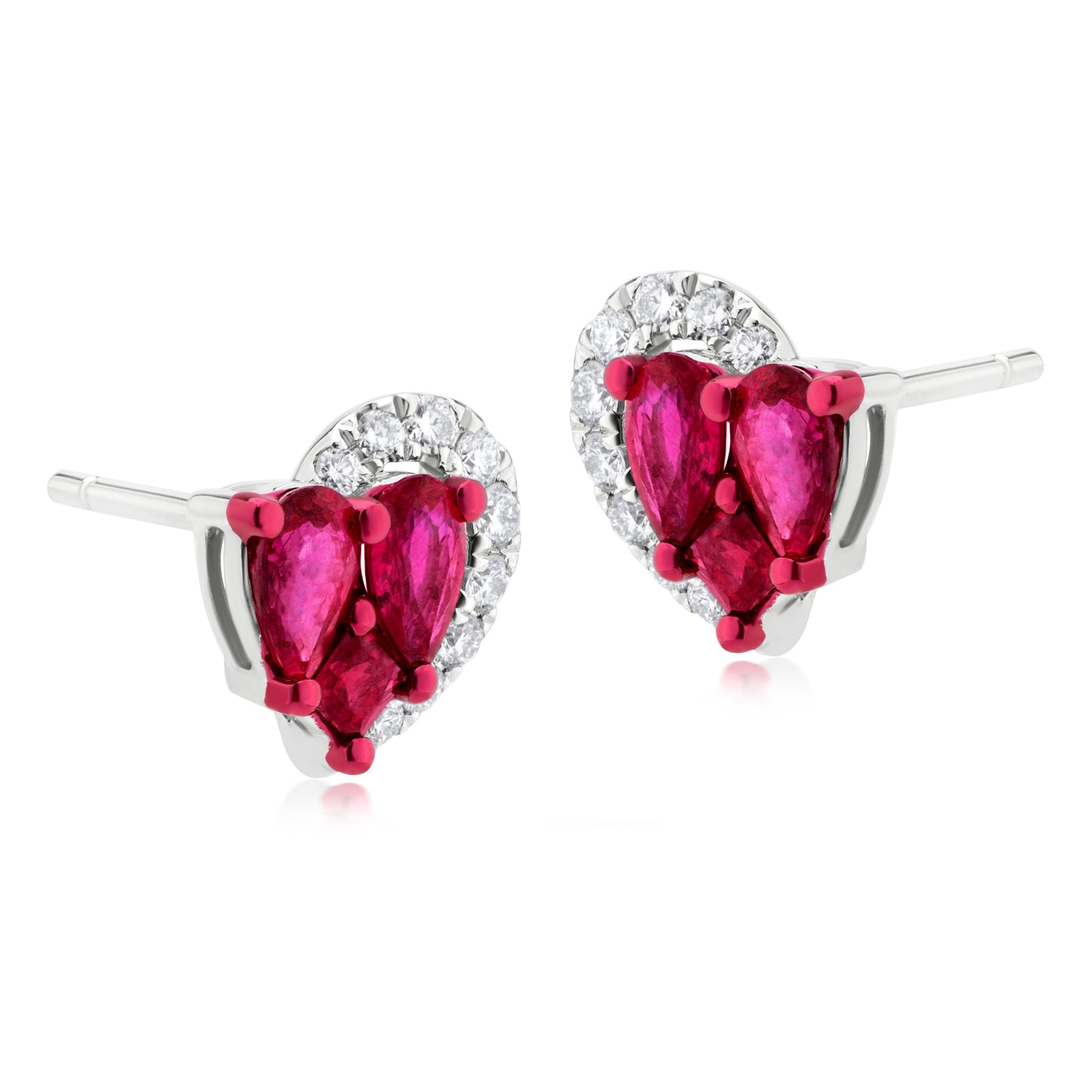 Ruby and Diamond Half Crescent 18K White Gold Heart Stud Earrings