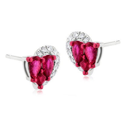 Ruby and Diamond Half Crescent 18K White Gold Heart Stud Earrings