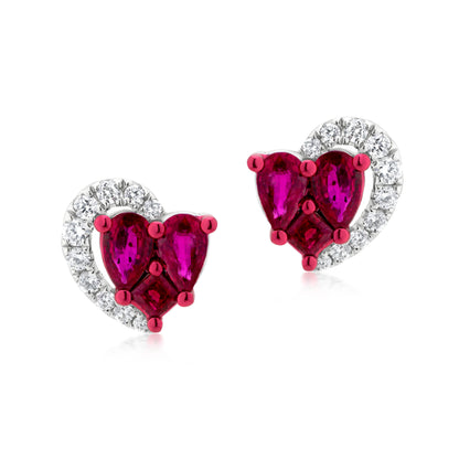 Ruby and Diamond Half Crescent 18K White Gold Heart Stud Earrings