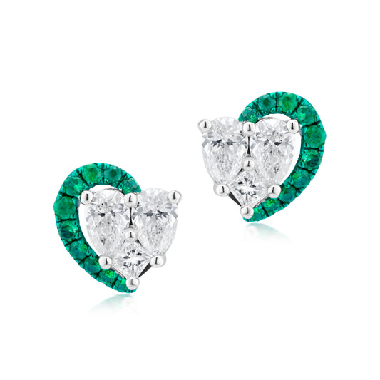 Diamond and Emerald Half Crescent 18K White Gold Stud Earrings
