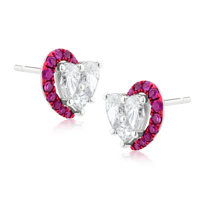 Diamond and Ruby Half Crescent 18K White Gold Stud Earrings