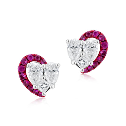 Diamond and Ruby Half Crescent 18K White Gold Stud Earrings