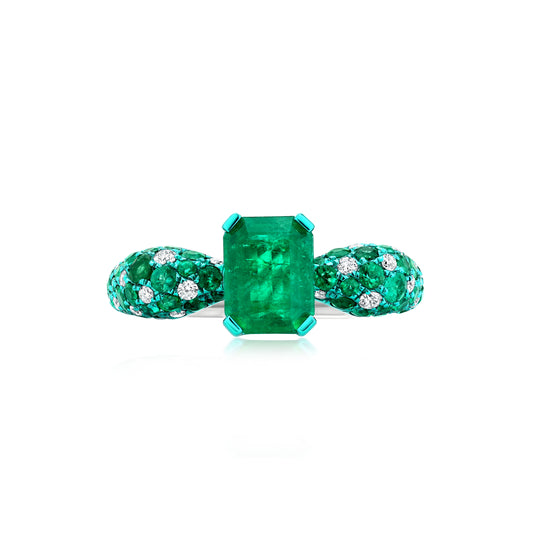 18K White Gold White Diamond and Emerald Statement Ring