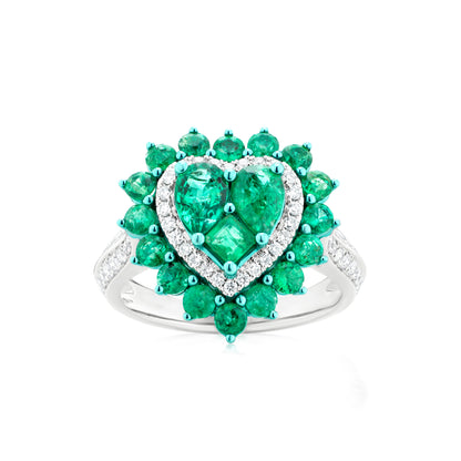 Emerald and Diamond Heart 18K White Gold Heart Ring