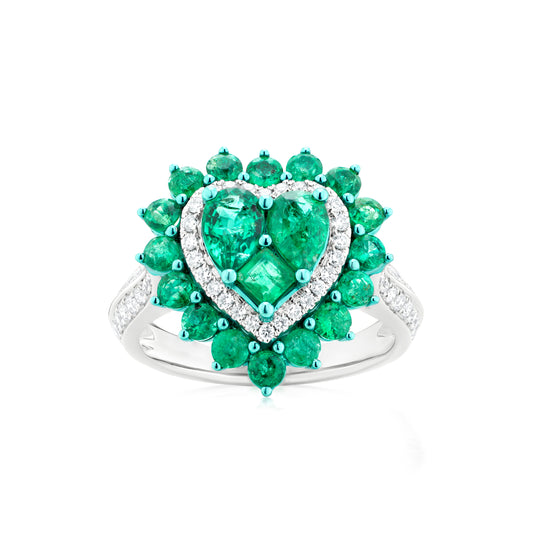Emerald and Diamond Heart 18K White Gold Heart Ring